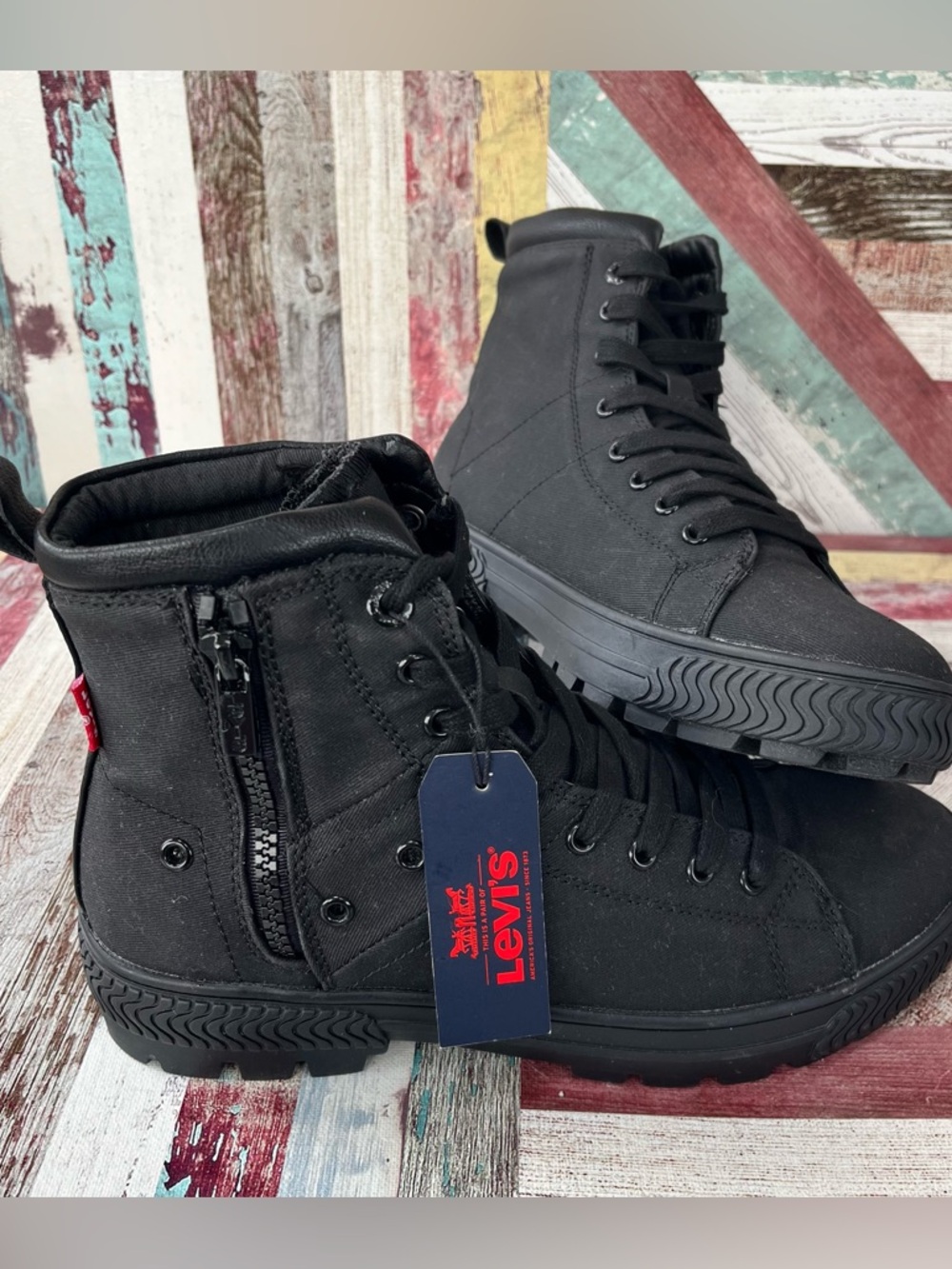 Levi’s Men’s Black Lace-Up Hi-Top Sneakers NWT Zip Sides Canvas Y2K SZ 7